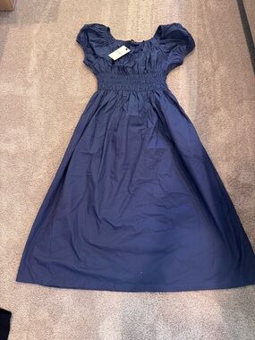 NWT Navy Puff Sleeve Smocked Waist Midi Dress